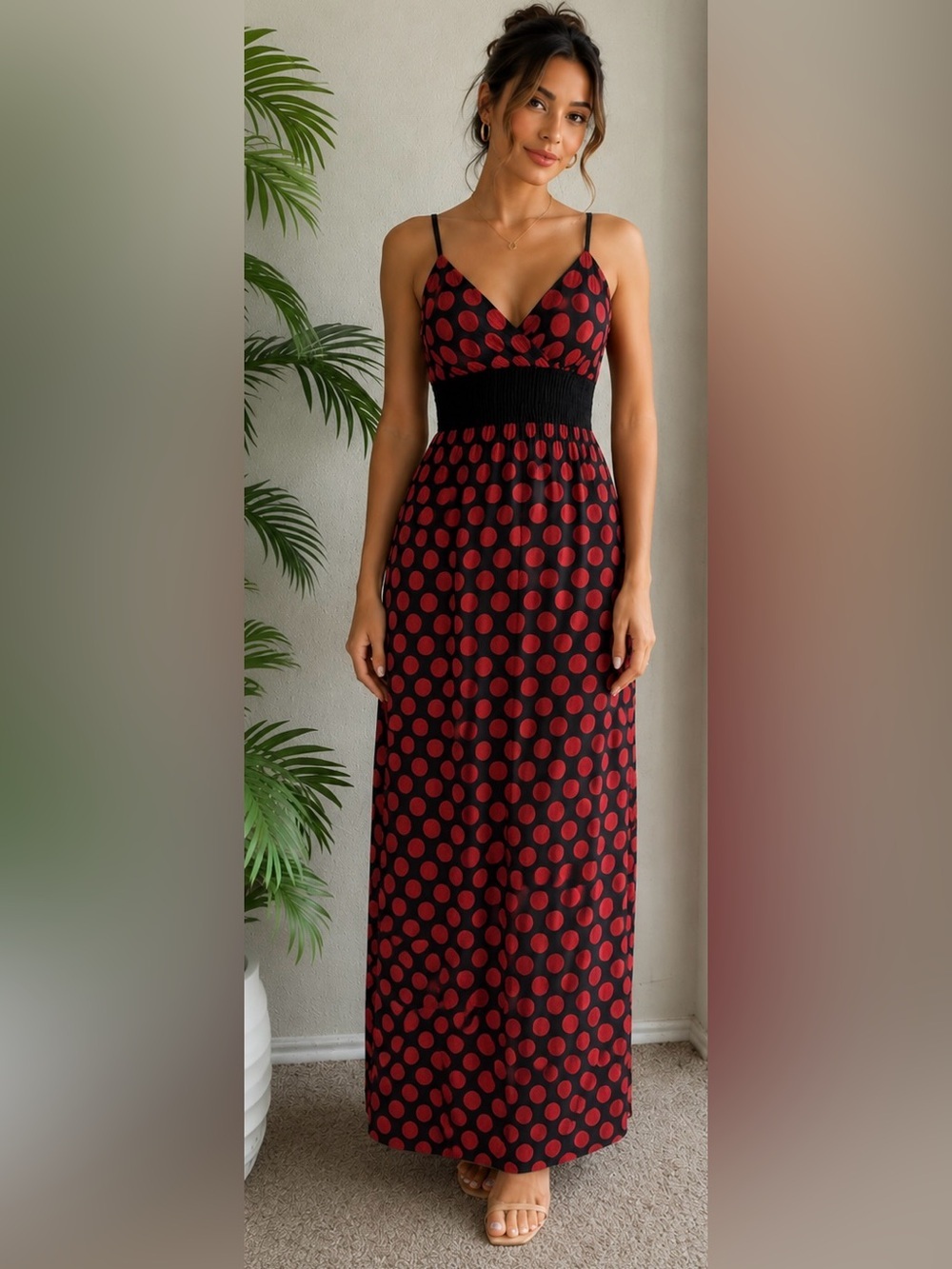 Red Polka Dot Maxi Dress with Smocked Waist and Spaghetti Straps